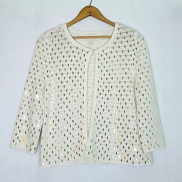 Chico's Ecru Sequin Shine Sammie Open Cardigan 3/4 Sleeves Size Medium M - Picture 1 of 6